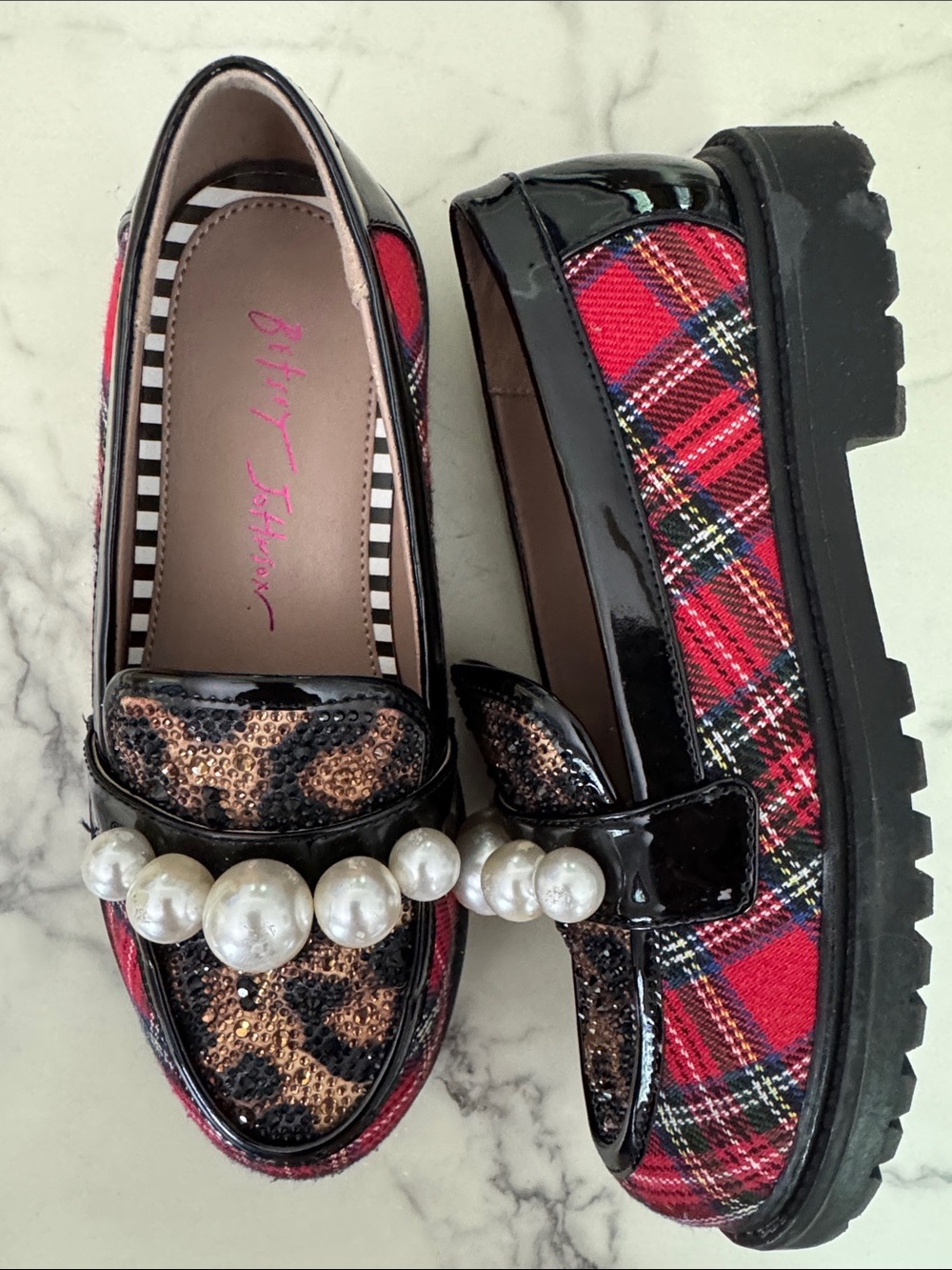 Betsey Johnson Kid’s Harlo Platform Loafers • Pearls Rhinestones Plaid • Size 3 - Picture 3 of 8